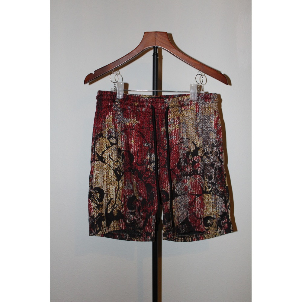 Rebel Vengeance Men's Skull Graphic Mesh Shorts Red Black Yellow Size M